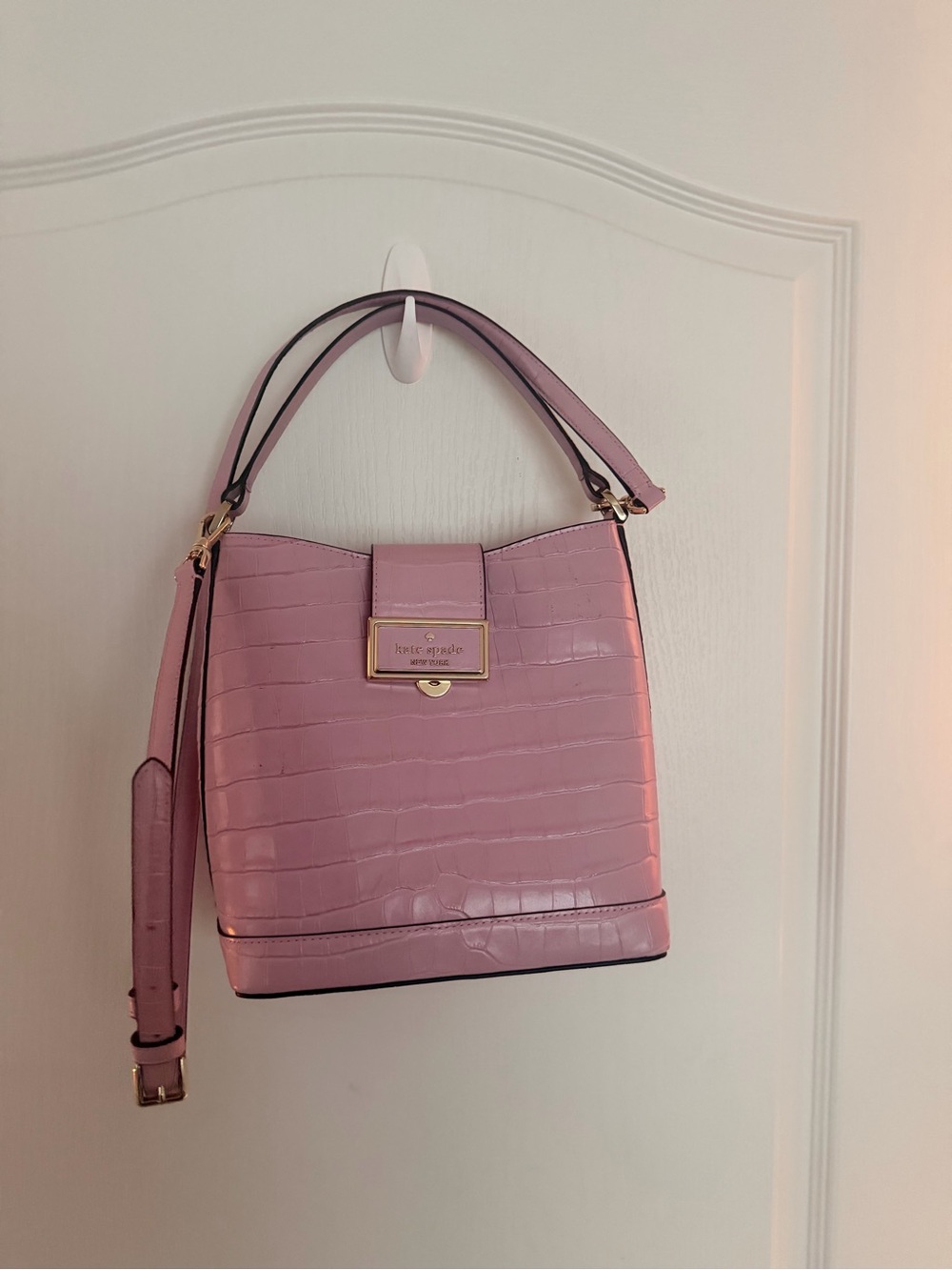 kate spade Pink Croc-Embossed Leather Bucket Shoulder Bag with Gold Accents